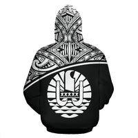 Tahiti Polynesian All Over Custom Zip up Hoodie Black Curve - Polynesian Pride