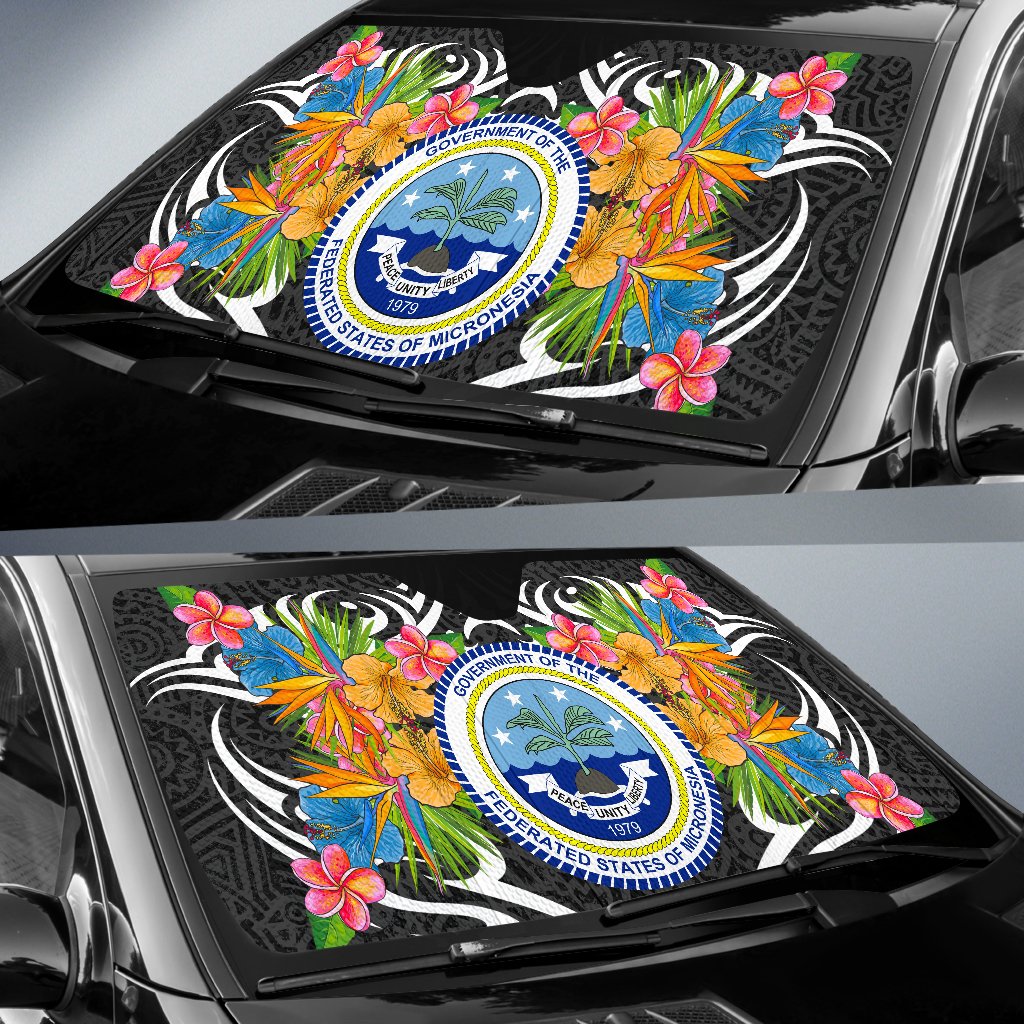 Federated States of Micronesia Auto Sun Shades - Coat Of Arms With Tropical Flowers - Polynesian Pride