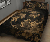 Hawaii Head Hammer Shark Hibiscus Gold Quilt Bed Set - Polynesian Pride
