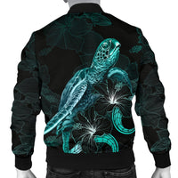 Fiji Polynesian Men's Bomber Jacket - Turtle With Blooming Hibiscus Turquoise - Polynesian Pride