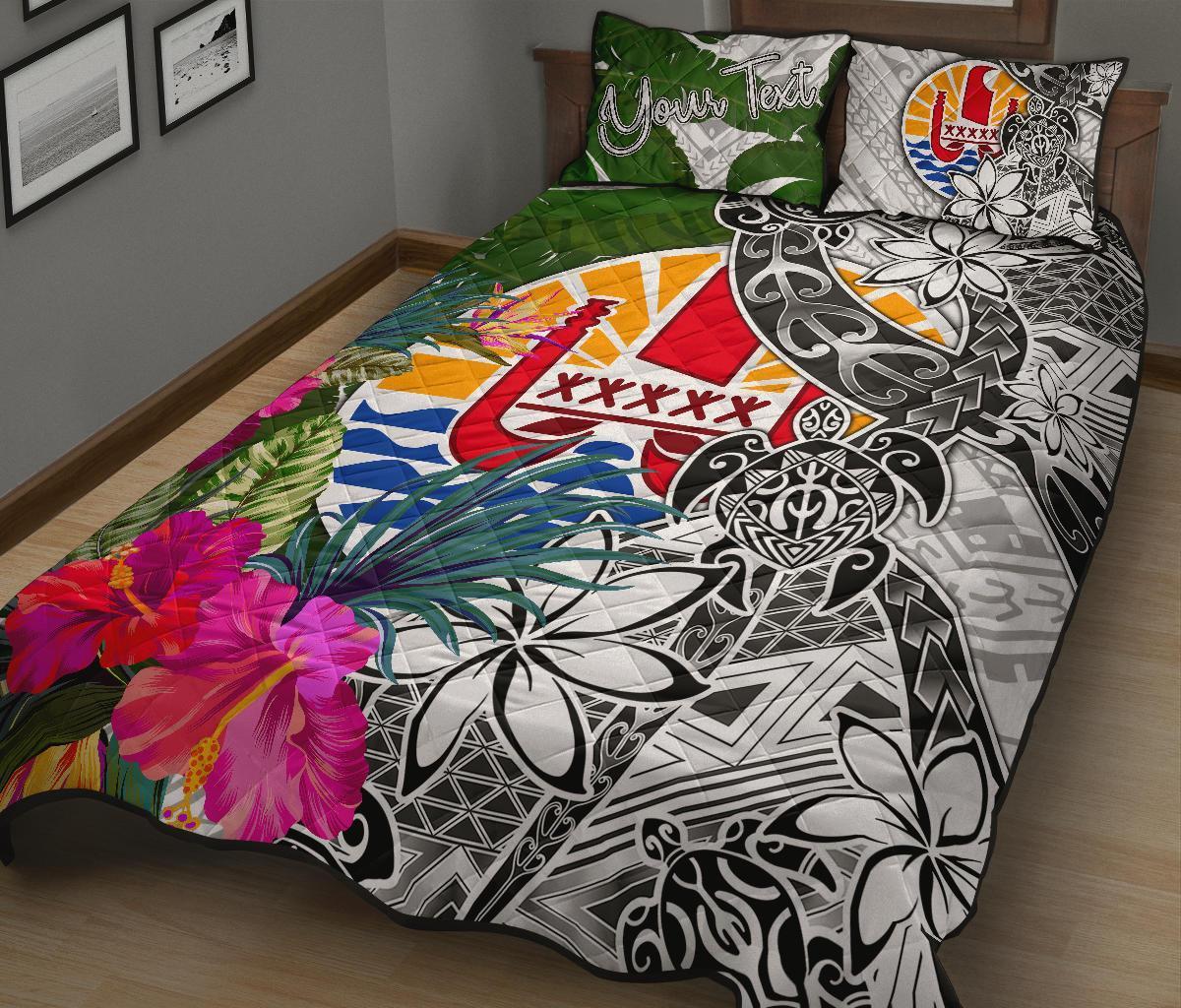 Tahiti Custom Personalised Quilt Bet Set White - Turtle Plumeria Banana Leaf - Polynesian Pride