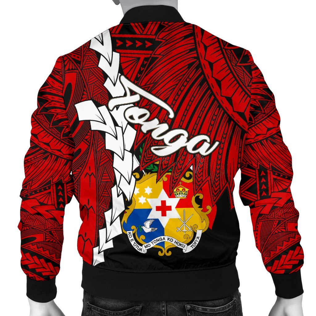 Tonga Polynesian Men's Bomber Jacket - Tribal Wave Tattoo Flag Color - Polynesian Pride