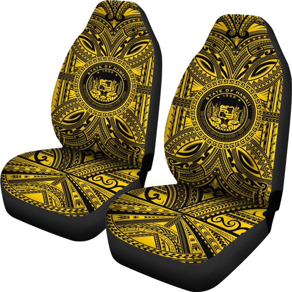 Hawaii Car Seat Cover - Hawaii Coat Of Arms Polynesian Gold Black - Polynesian Pride