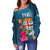 Fiji Women'S Off Shoulder Sweater Coat Of Arms Polynesian With Hibiscus And Waves - Polynesian Pride