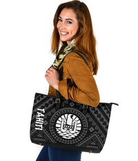 Tahiti Leather Tote Bag - Tahiti Seal In Polynesian Tattoo Style (Black) - Polynesian Pride