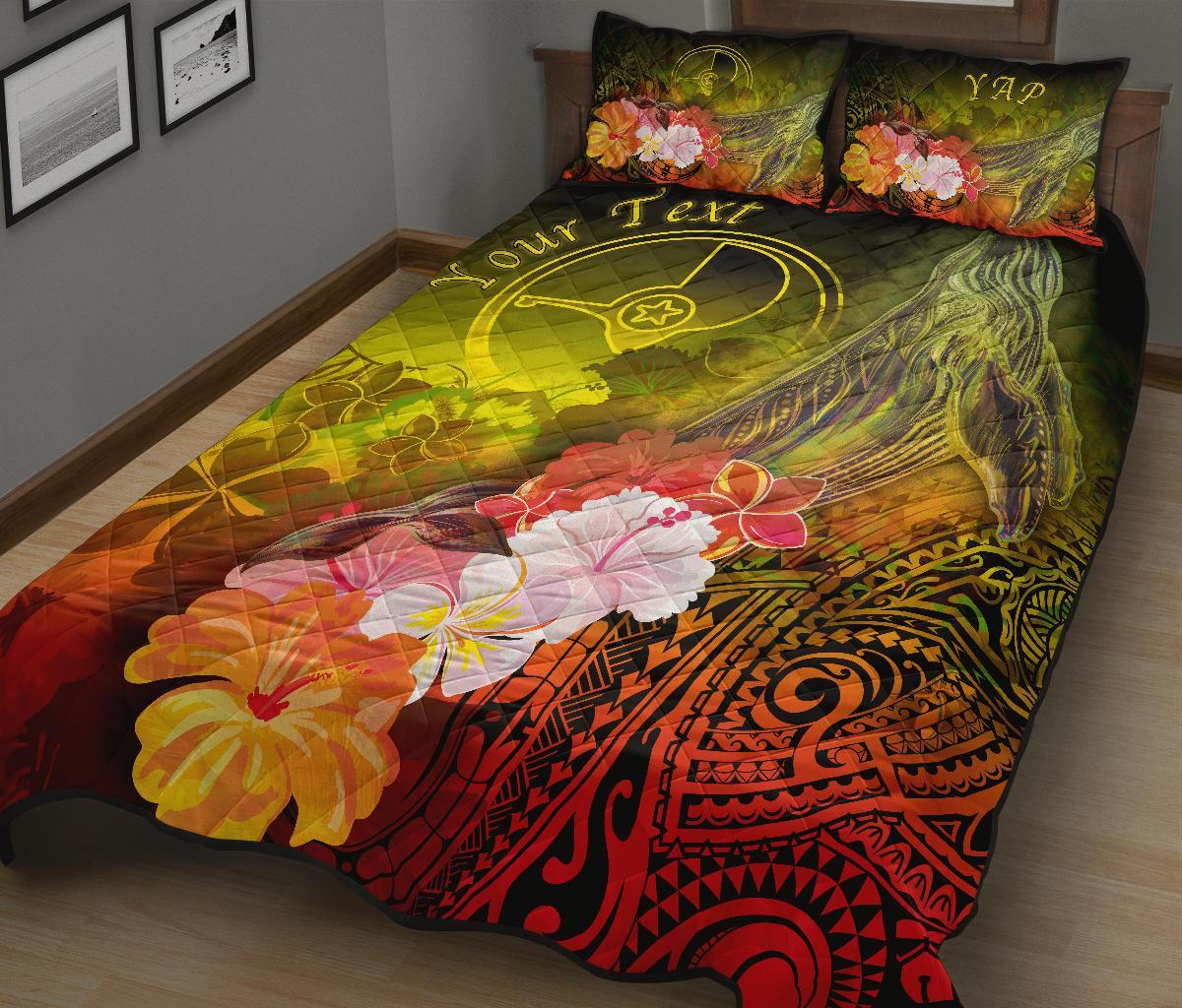 Custom Personalised Yap Quilt Bed Set - Humpback Whale with Tropical Flowers (Yellow) - Polynesian Pride