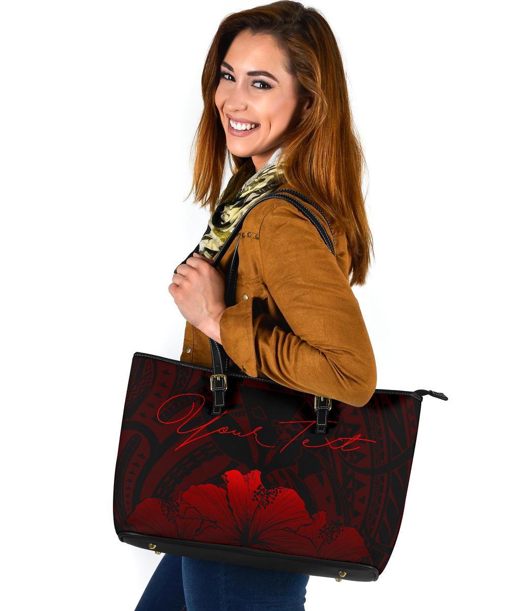 Personalised - Hawaii Royal Hibiscus Polynesian Tribal Large Leather Tote Bag Red AH - Polynesian Pride