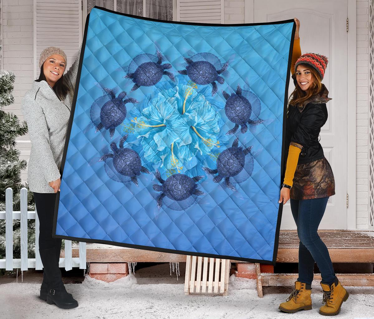 Hawaii Turtle Hibiscus Blue Premium Quilt - Polynesian Pride