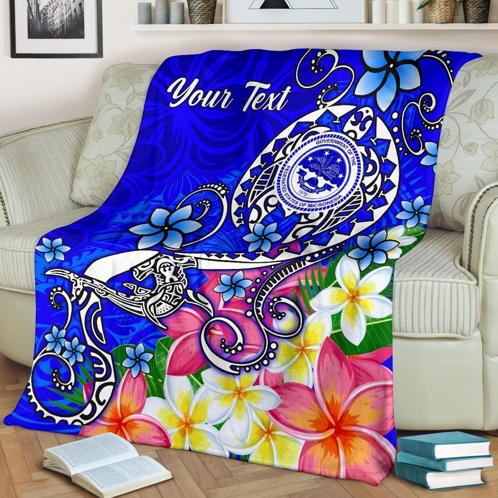 FSM Custom Personalised Premium Blanket - Turtle Plumeria (Blue) White - Polynesian Pride