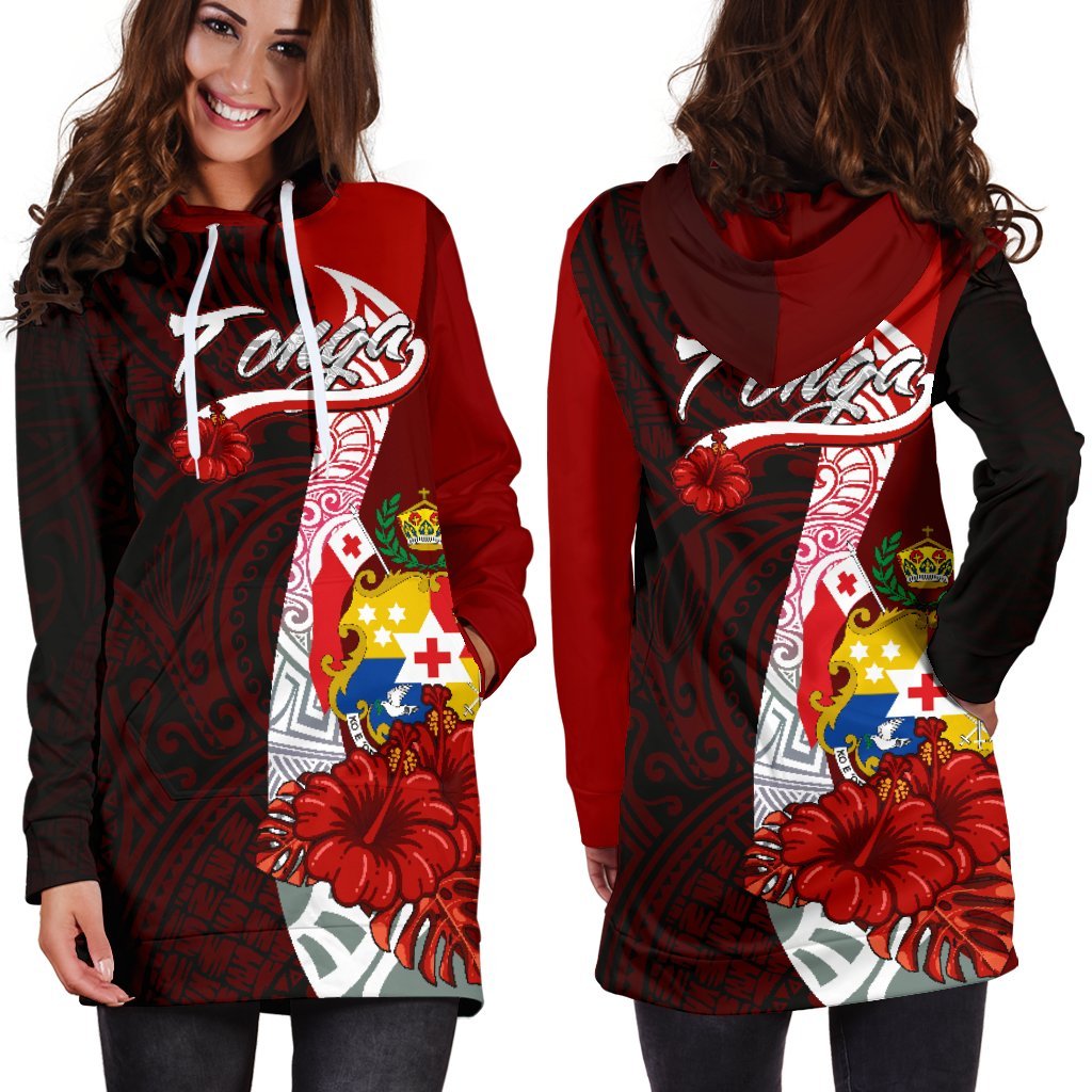 Tonga Polynesian Hoodie Dress - Coat Of Arm With Hibiscus - Polynesian Pride