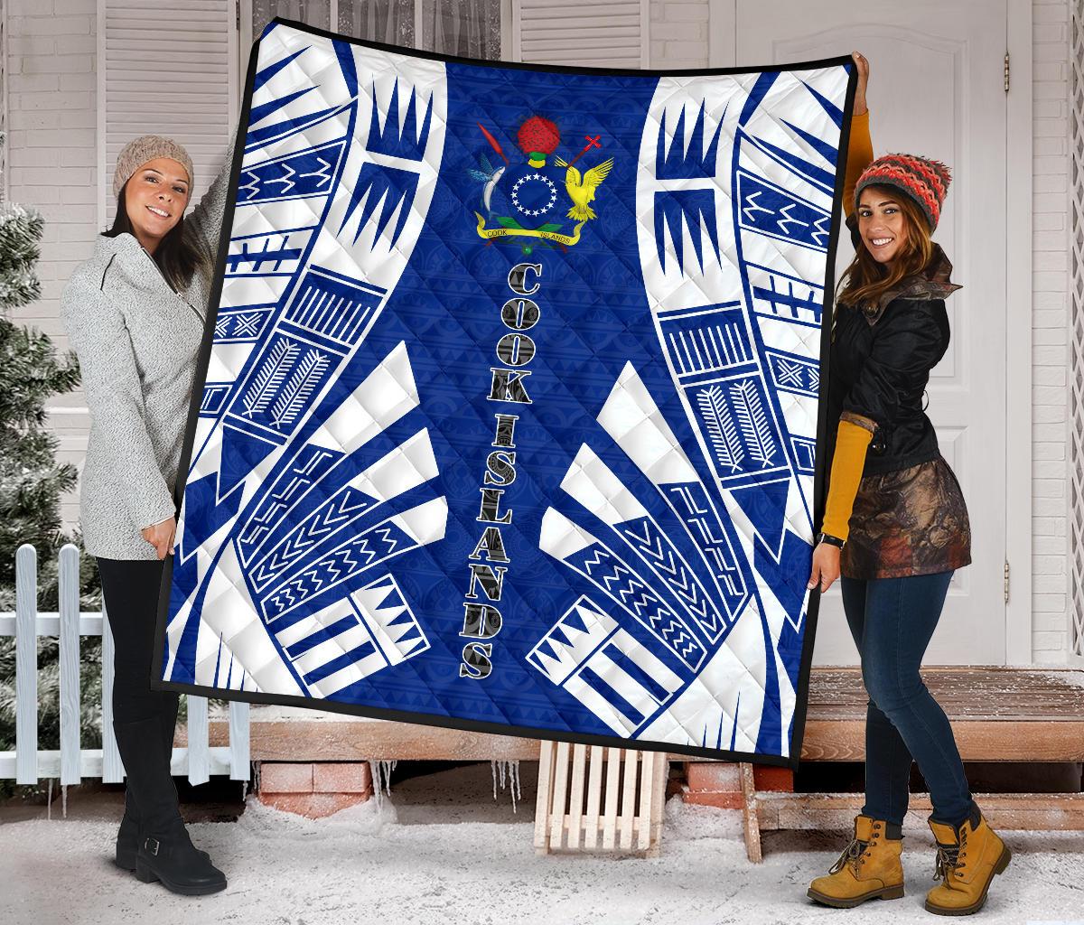 Cook Islands Premium Quilt - Cook Islands Polynesian White Tattoo (Blue) - Polynesian Pride
