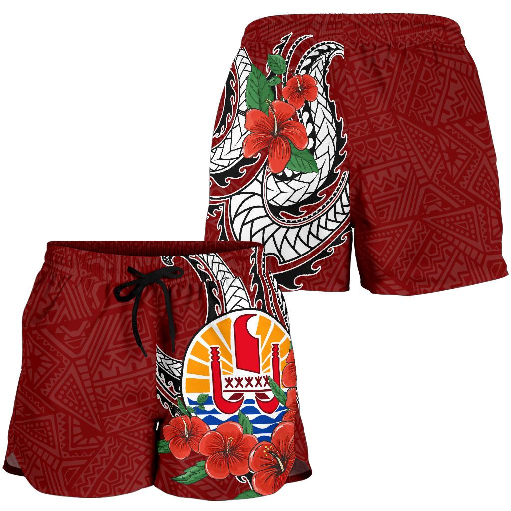 Tahiti Polynesian Women Shorts - Hibiscus Coat of Arm Red - Polynesian Pride