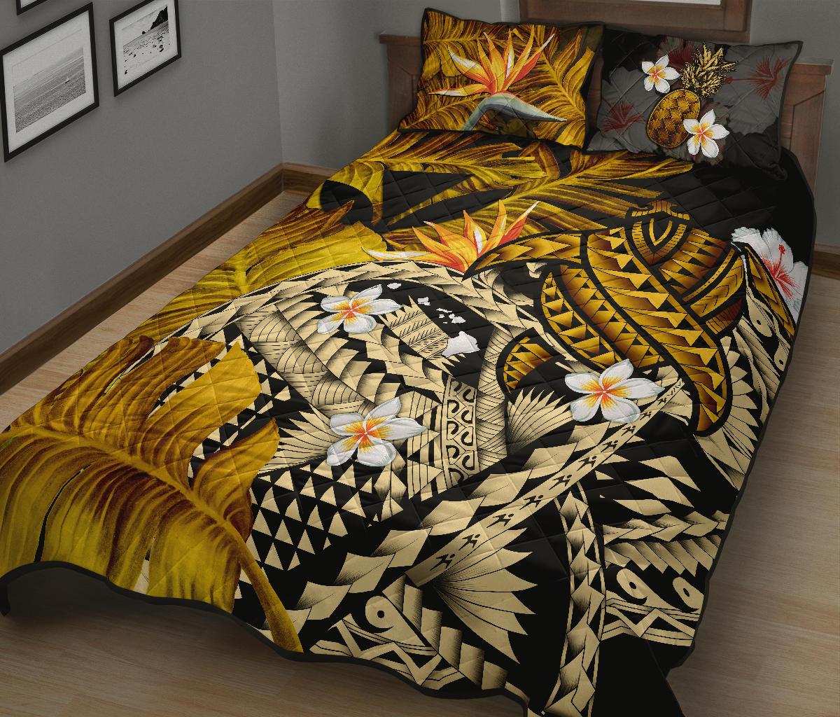 Kanaka Maoli (Hawaiian) Quilt Bed Set, Polynesian Pineapple Banana Leaves Turtle Tattoo Yellow - Polynesian Pride