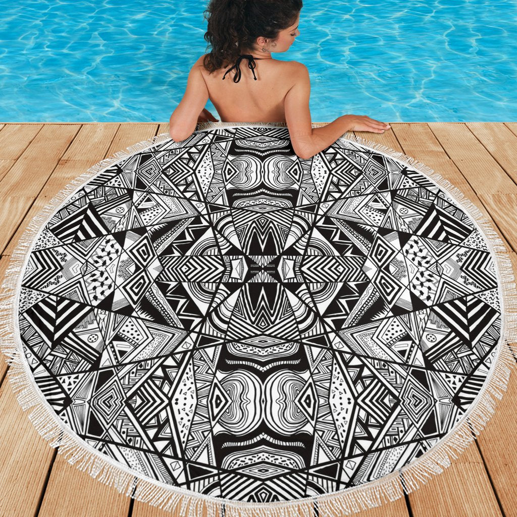Polynesian Tribal Beach Blanket White And Black - Polynesian Pride