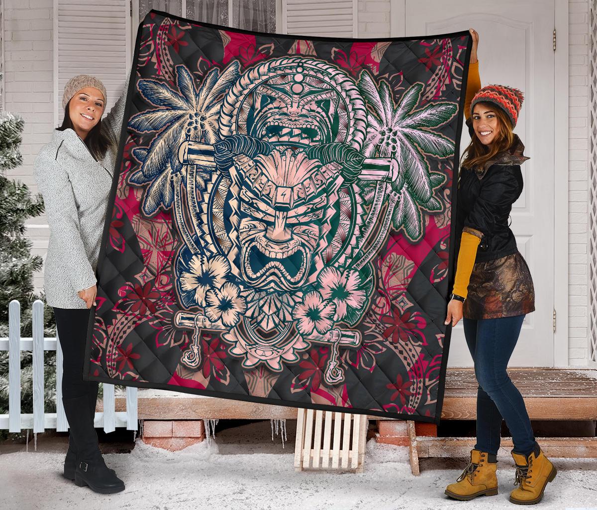 Hawaii Polynesian Premium Quilt - Hawaiian Tiki Face - Polynesian Pride