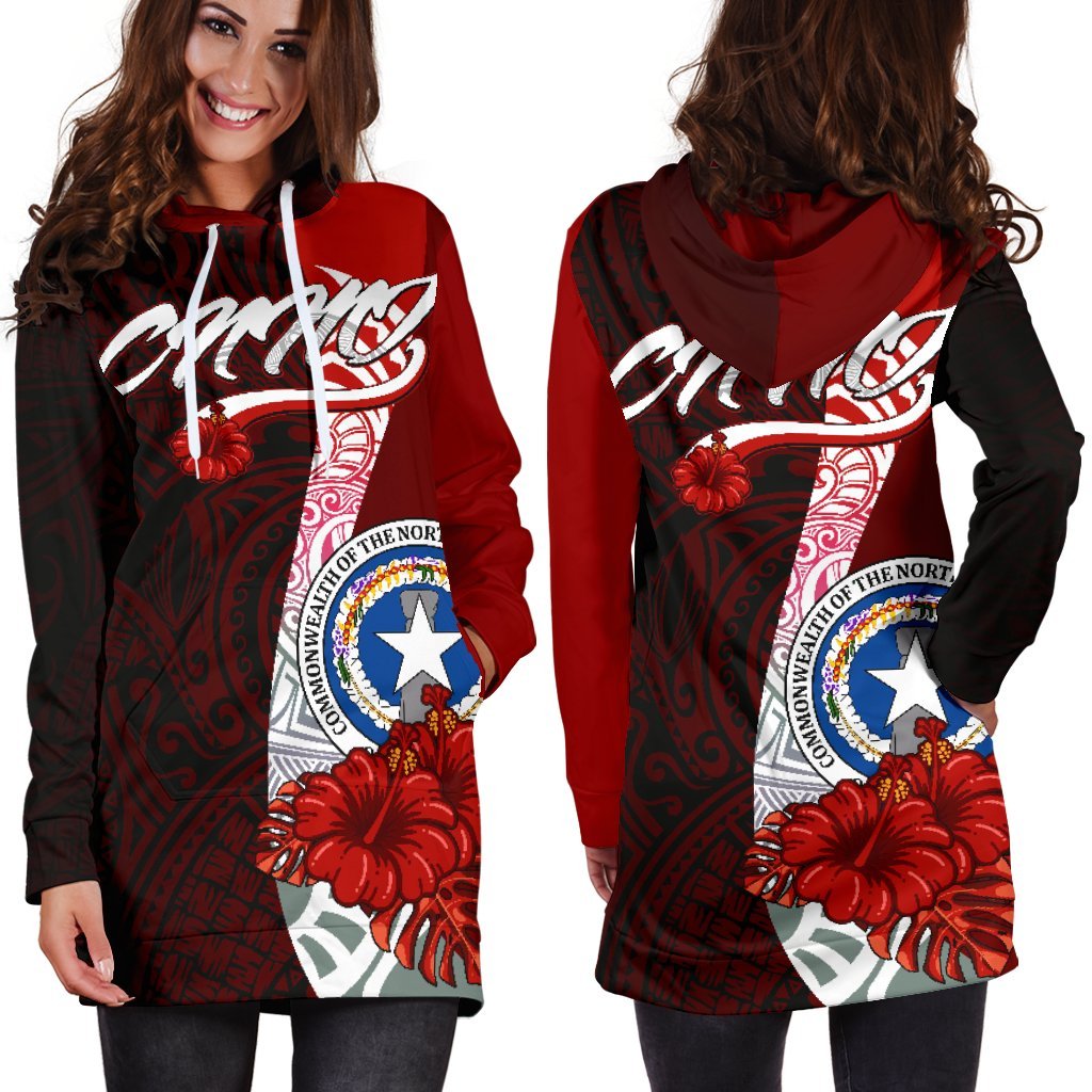 Northern Mariana Islands Polynesian Hoodie Dress - Coat Of Arm With Hibiscus - Polynesian Pride