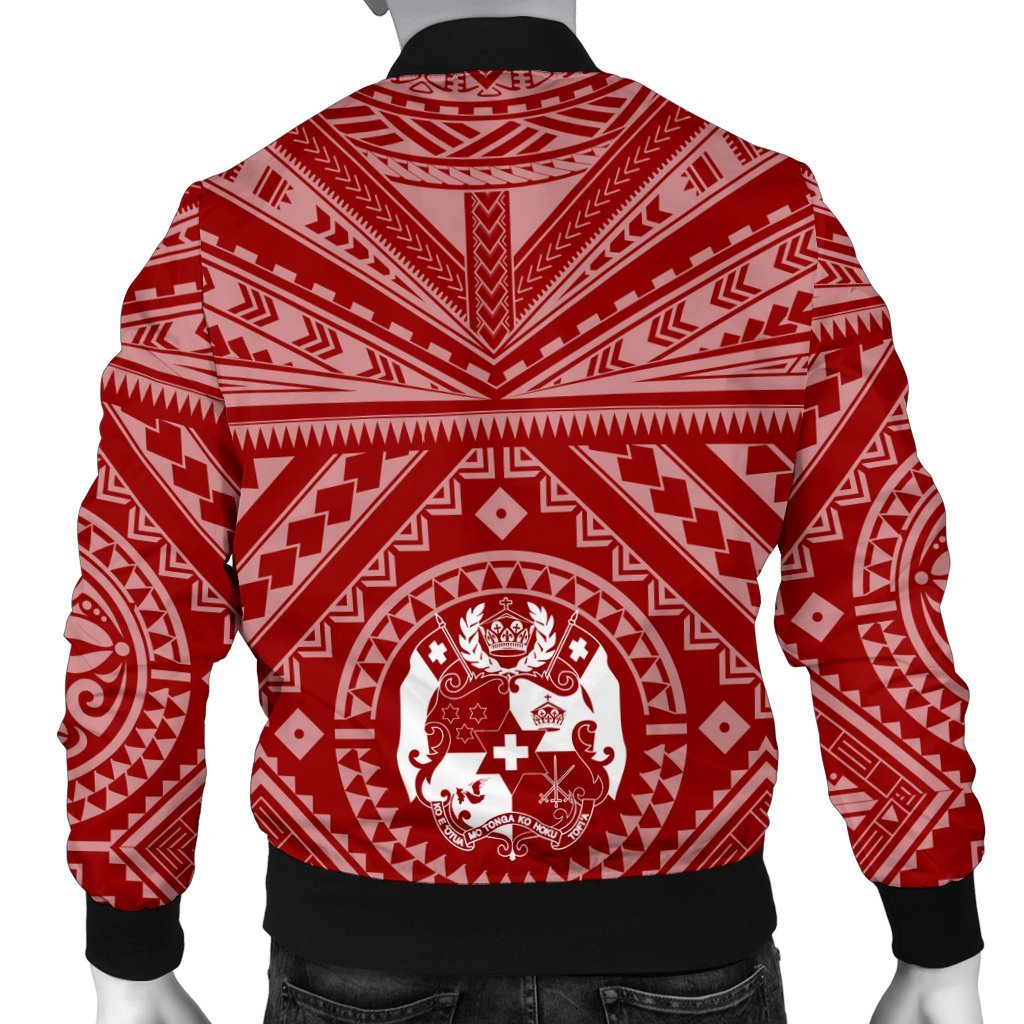 Tonga Men's Bomber Jacket - Tonga Seal With Polynesian Tattoo Style (Red) - Polynesian Pride