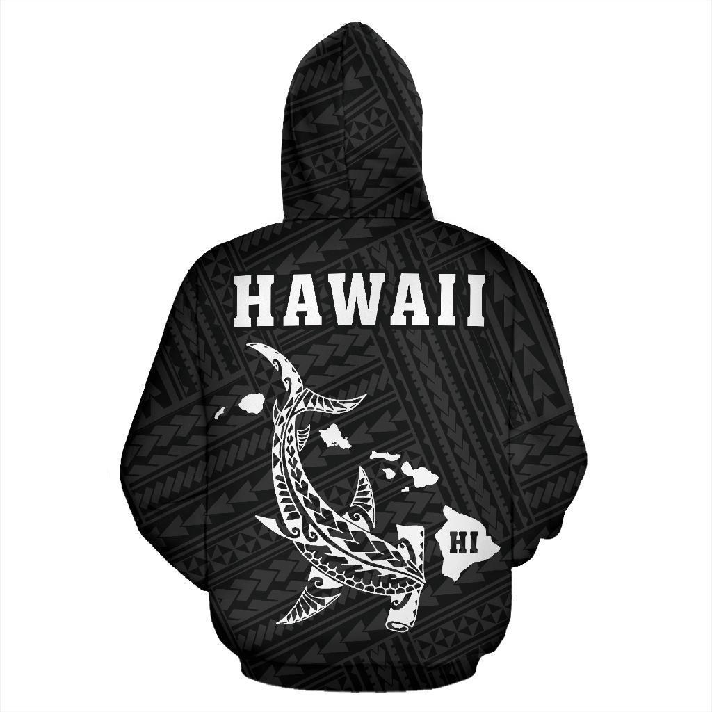 Polynesian Kakau Hammerhead Shark Map of Hawaii Zip Hoodie White - Polynesian Pride