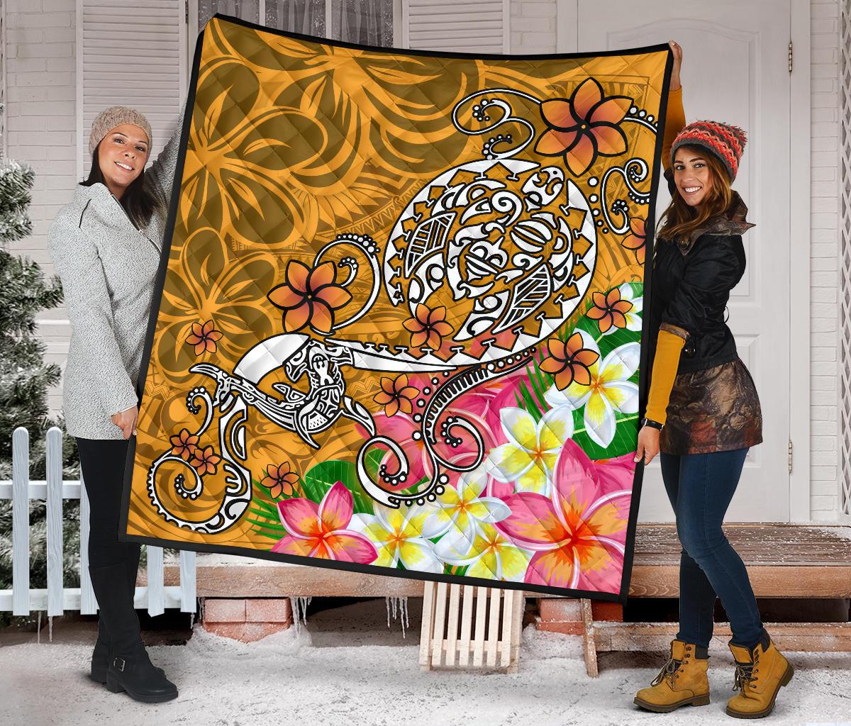 Polynesian Premium Quilt - Turtle Plumeria Gold Color - Polynesian Pride