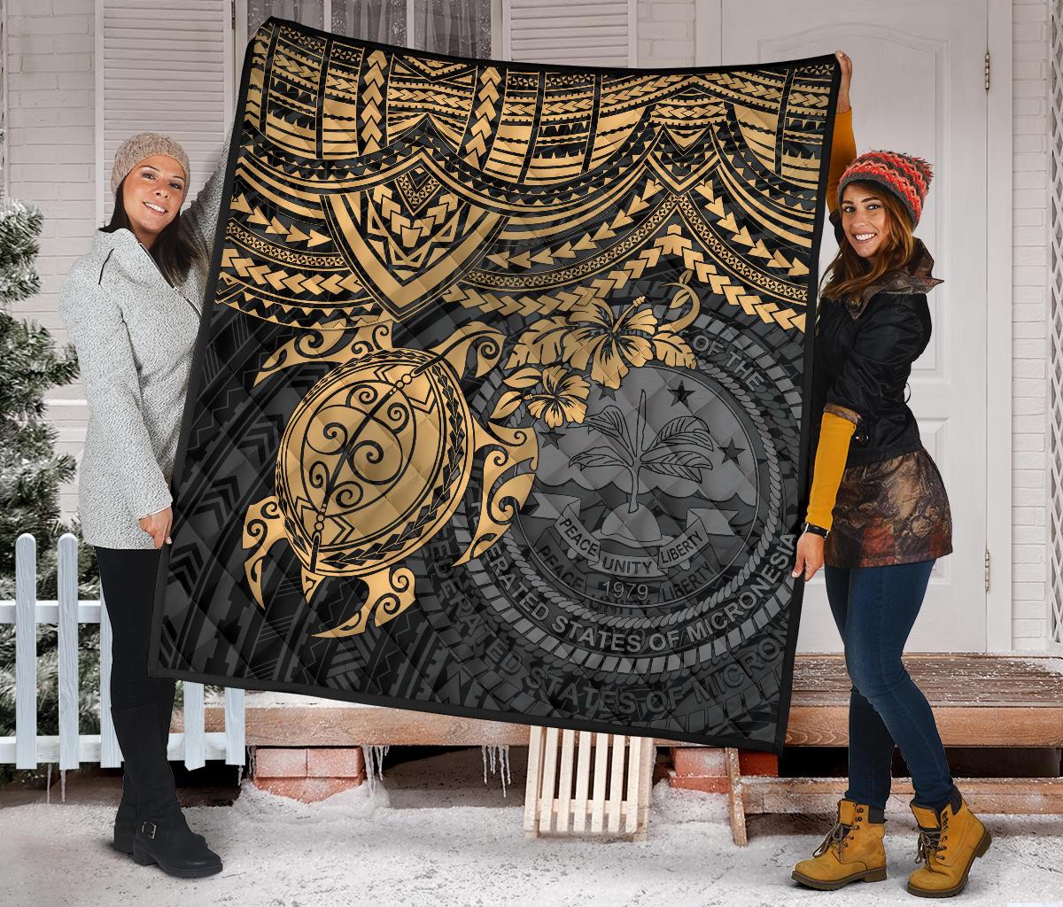 Federated States Of Micronesia Premium Quilt - Federated States Of Micronesia Seal & Golden Turtle Hibiscus - Polynesian Pride