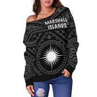 Marshall Women's Off Shoulder Sweater - Marshall Seal With Polynesian Tattoo Style ( Black) - Polynesian Pride