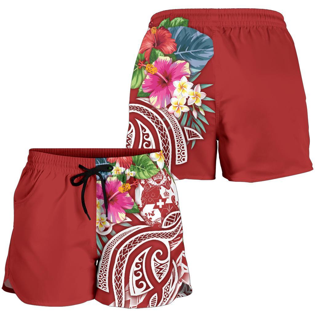 Tonga Polynesian Women's Shorts - Summer Plumeria (Red) - Polynesian Pride