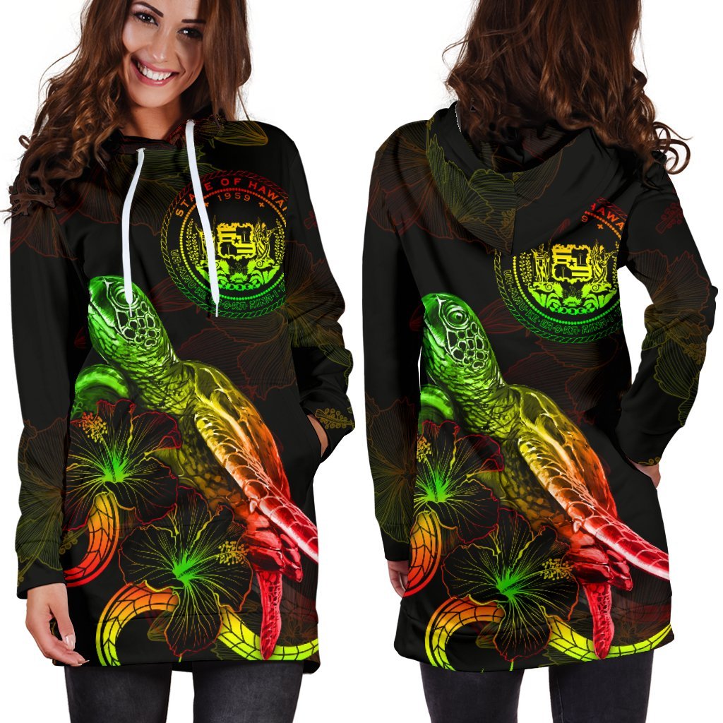 Hawaii Polynesian Hoodie Dress - Turtle With Blooming Hibiscus Reggae - Polynesian Pride