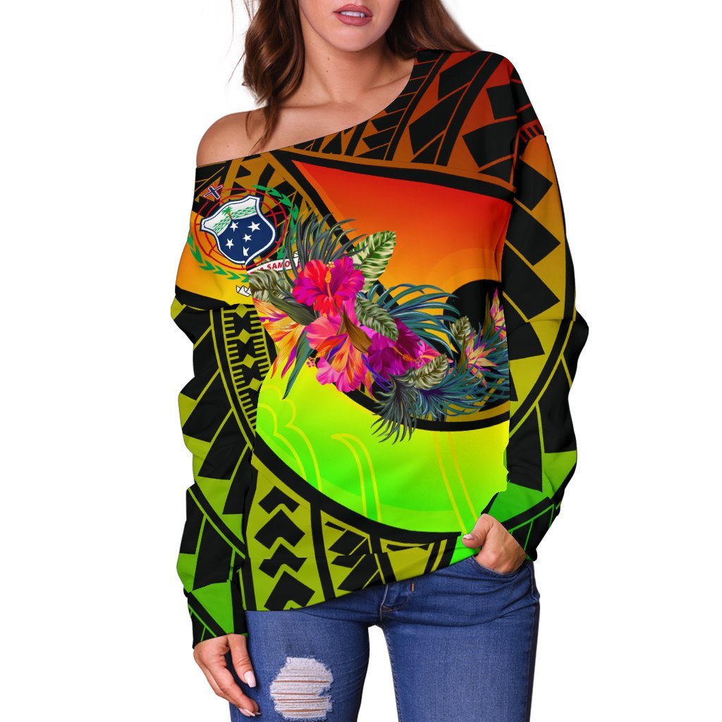 Samoa Women's Off Shoulder Sweater - Polynesian Hook And Hibiscus (Reggae) - Polynesian Pride