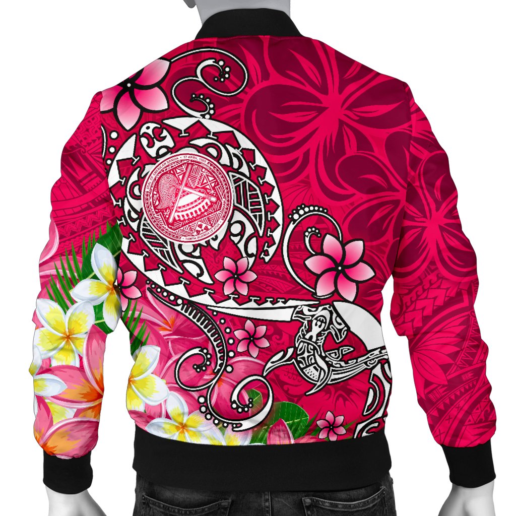 American Samoa Polynesian Men's Bomber Jacket - Turtle Plumeria (Pink) - Polynesian Pride