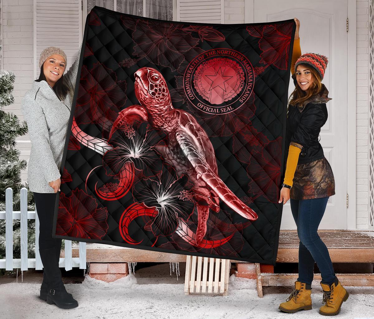 CNMI Polynesian Premium Quilt - Turtle With Blooming Hibiscus Red - Polynesian Pride