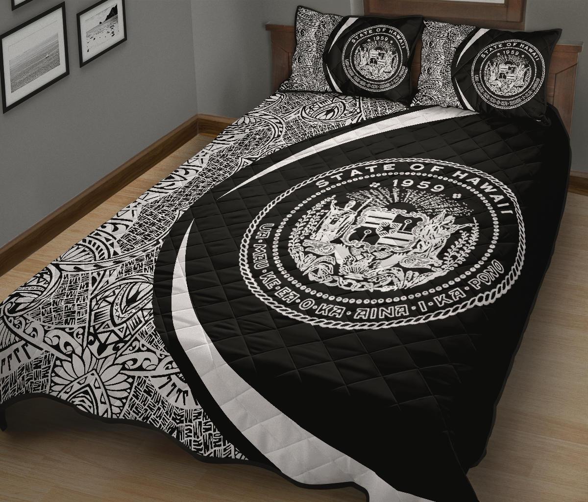 Hawaii Coat Of Arms Polynesian Quilt Bed Set - Circle Style White - Polynesian Pride