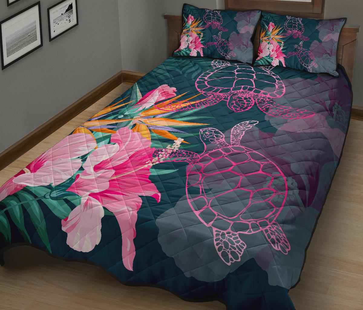 Hawaii Pink Turtles Hibiscus Tropical Quilt Bed Set - Vint Style - AH - Polynesian Pride