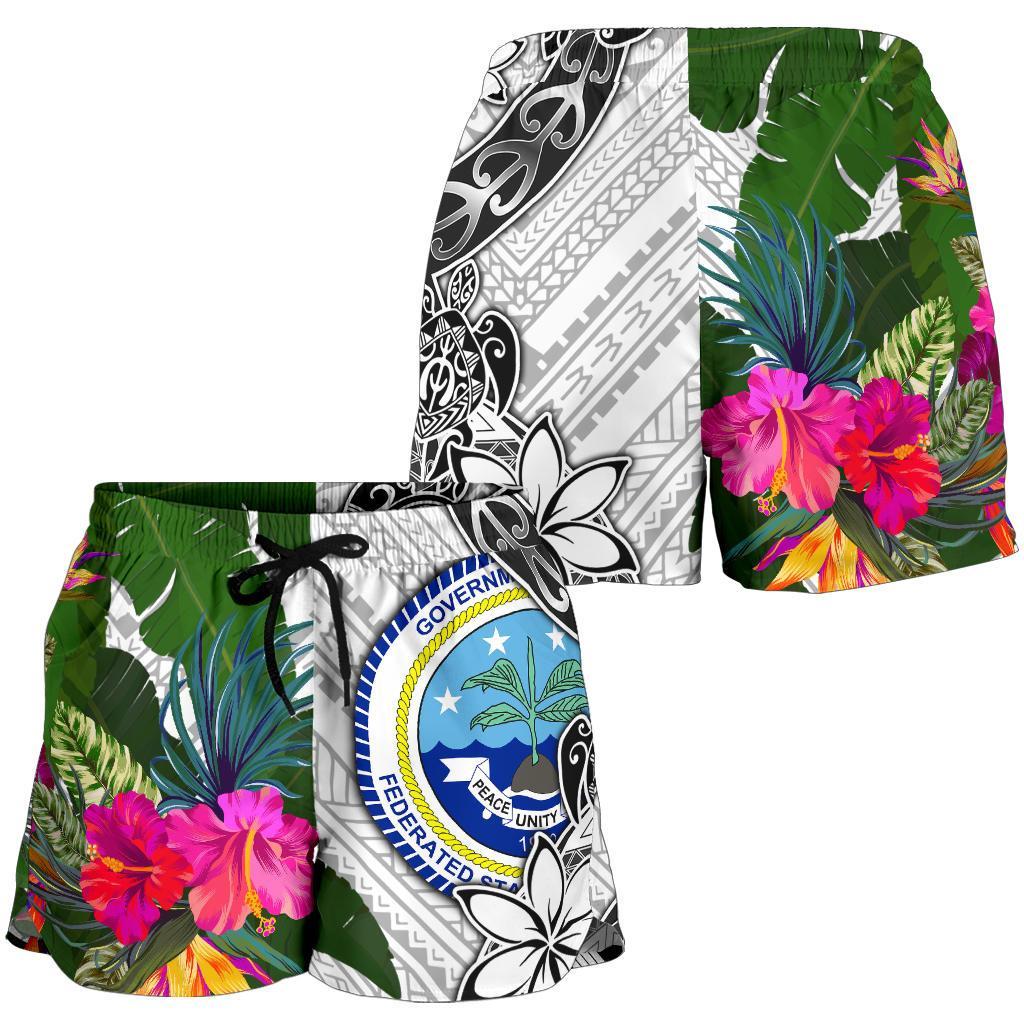 Federated States of Micronesia Women's Short White - Turtle Plumeria Banana Leaf - Polynesian Pride