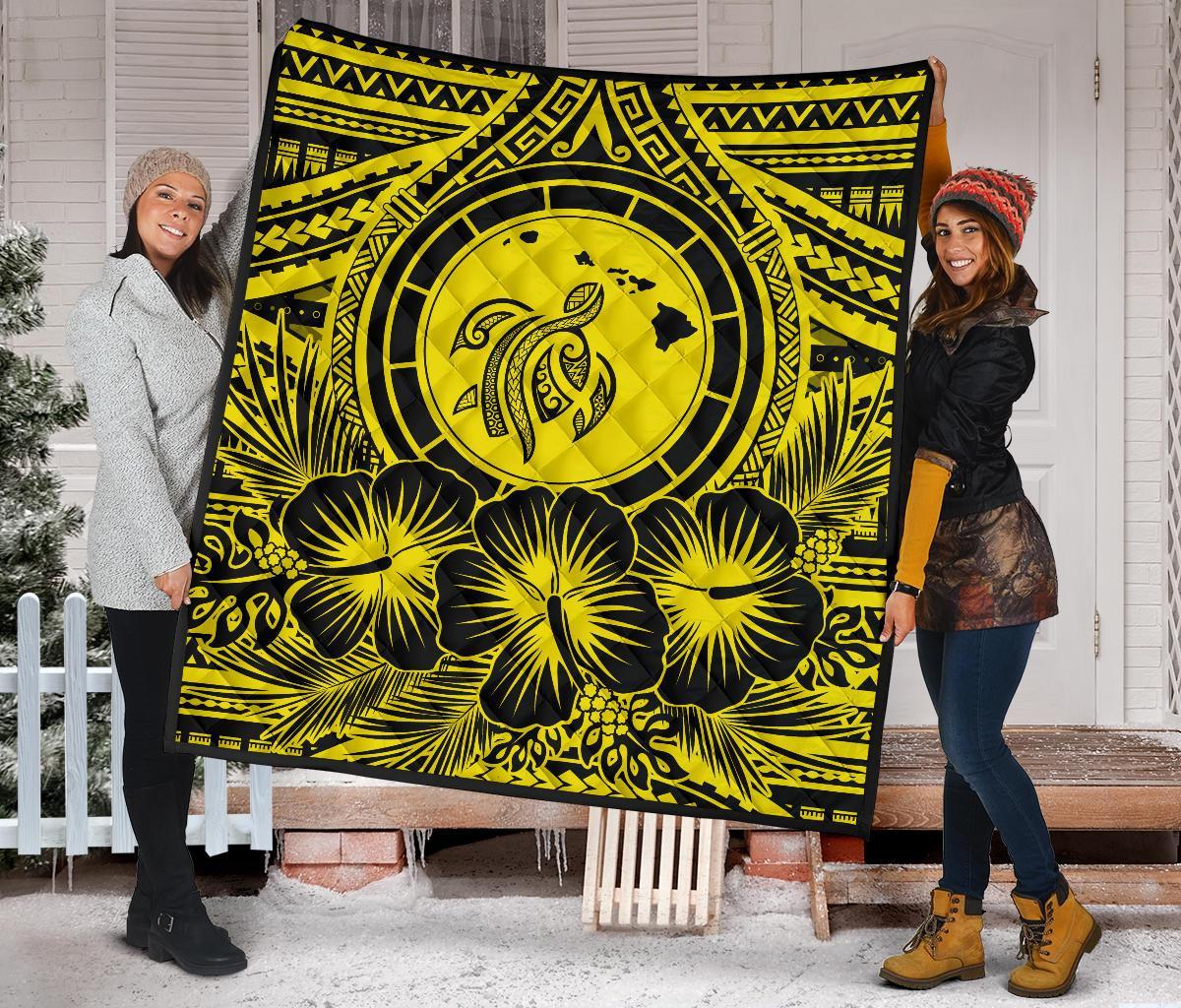 Hawaii Premium Quilt - Hawaii Map Honu Hibiscus Yellow Polynesian Premium Quilt - Polynesian Pride