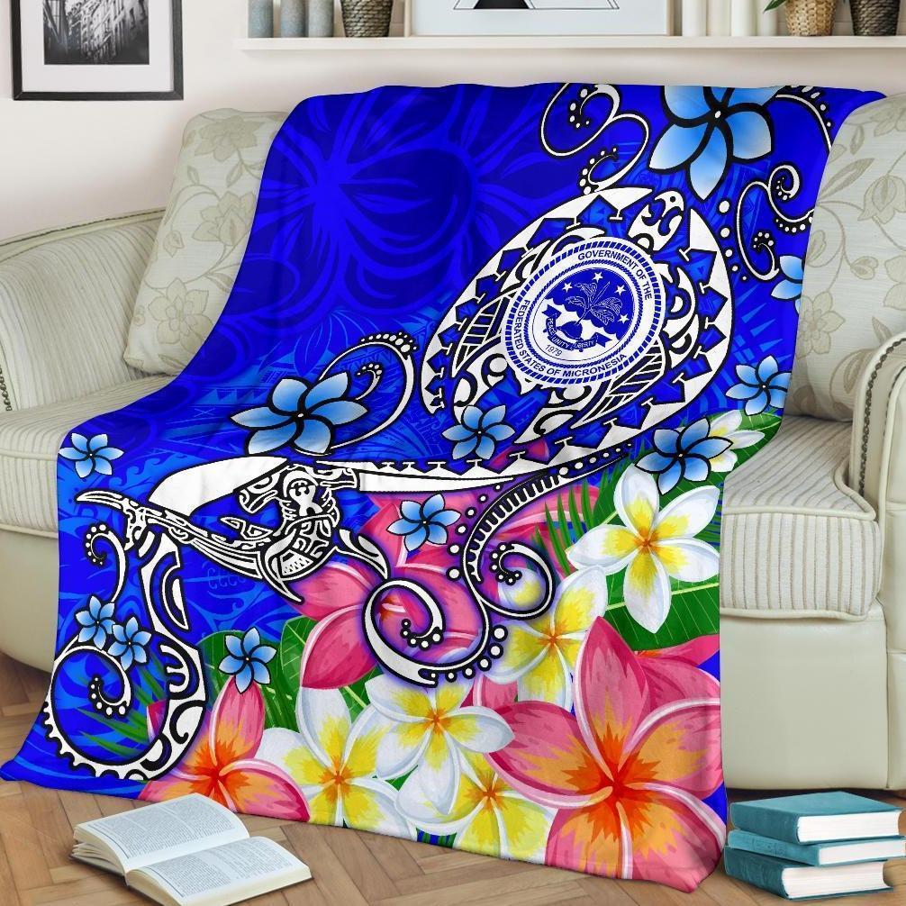 FSM Premium Blanket - Turtle Plumeria (Blue) White - Polynesian Pride