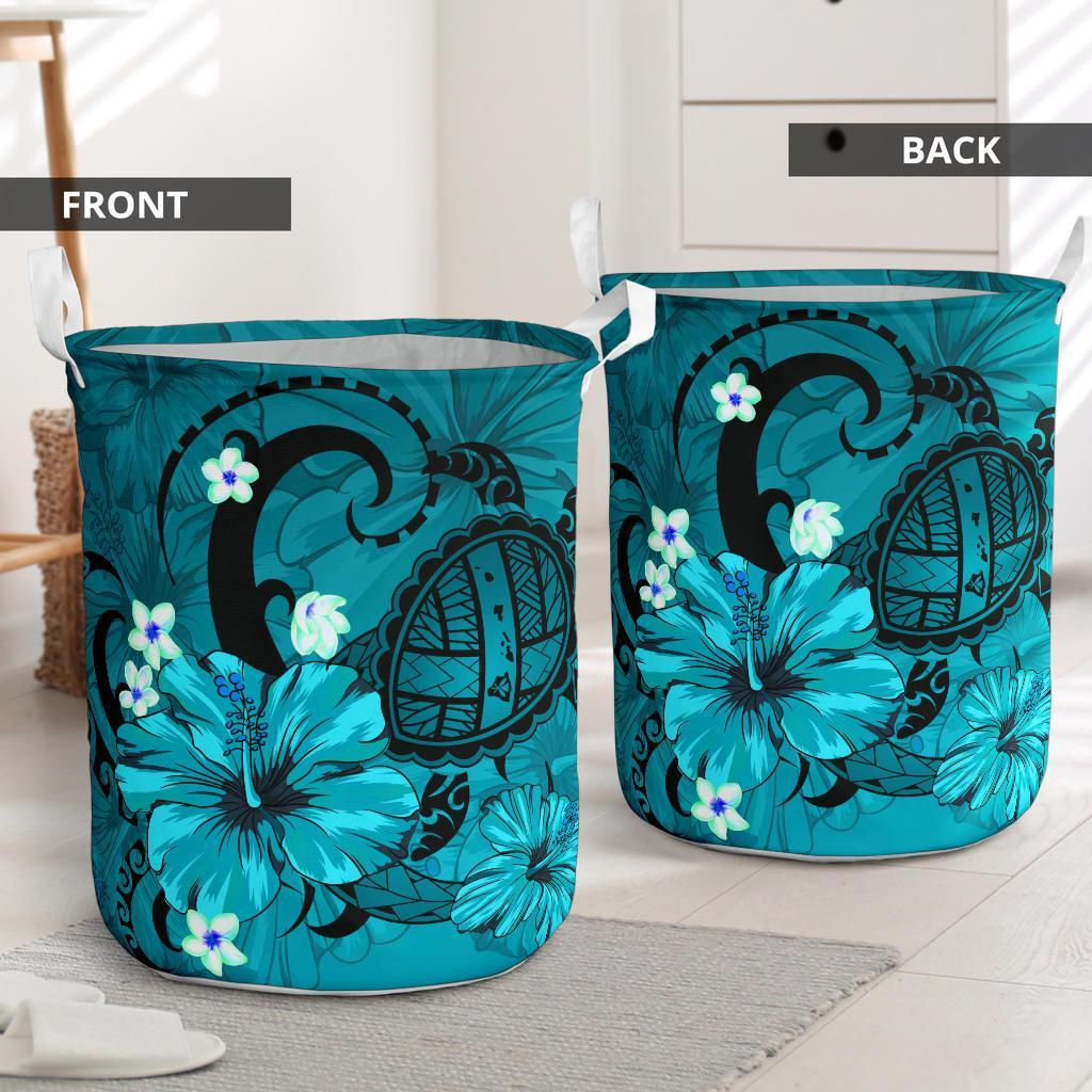 Hibiscus Plumeria Polynesian Turtle Hawaii Laundry Basket Turquoise AH - Polynesian Pride