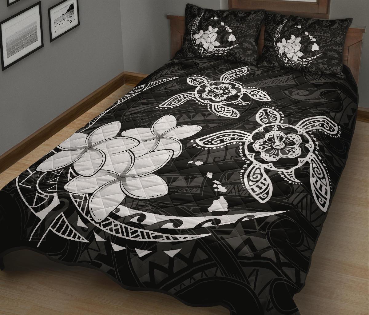 Hawaii Polynesian Turtle Plumeria Quilt Bed Set - Pog Style White - Polynesian Pride
