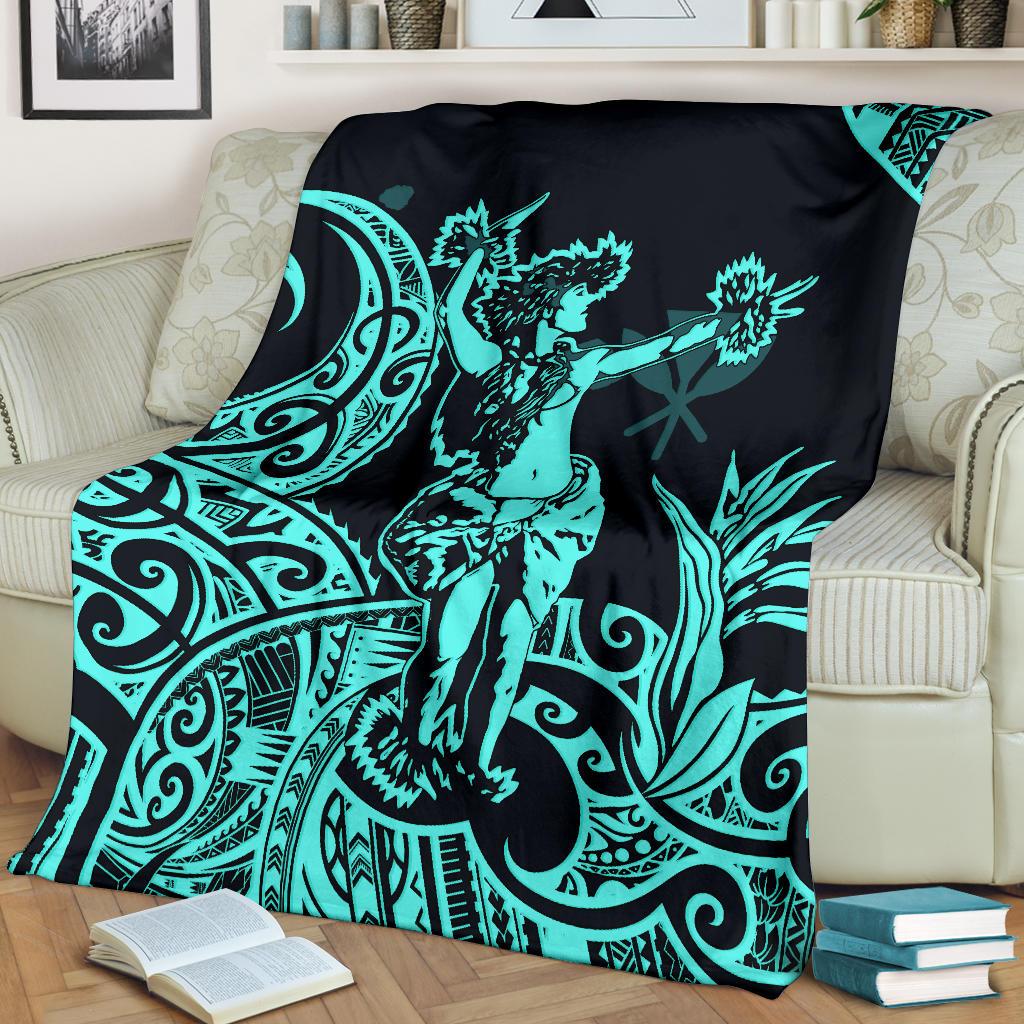 Polynesian Hawaii Premium Blanket - Hula Girl Neon Blue - Polynesian Pride