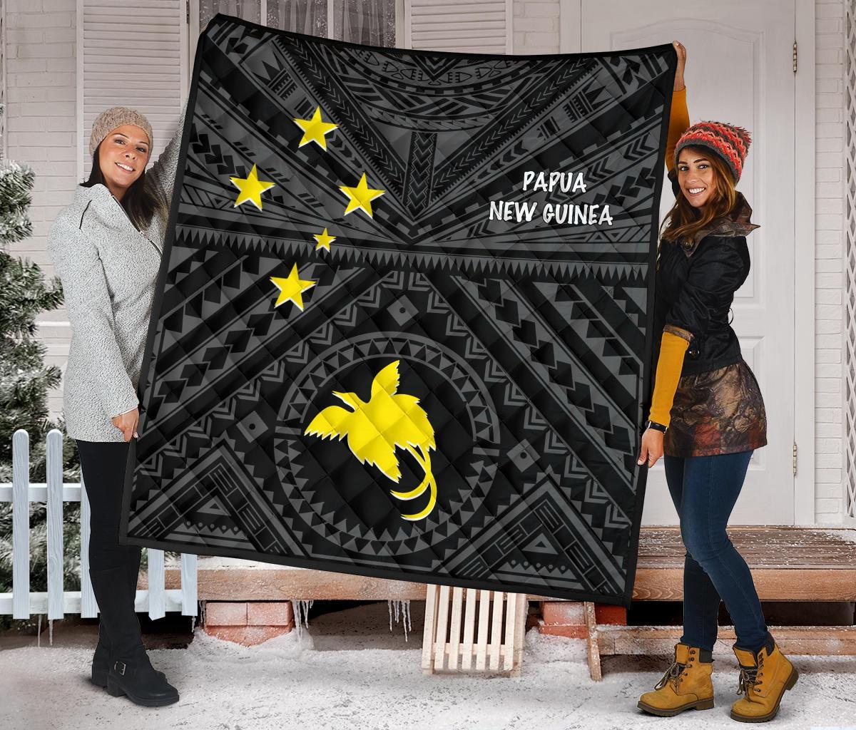 Papua New Guinea Premium Quilt - Flag With Polynesian Patterns (Black) - Polynesian Pride