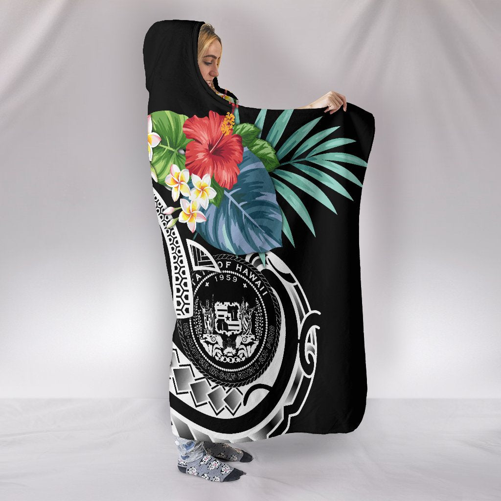 Polynesian Hawaii Hooded Blanket - Summer Plumeria (Black) - Polynesian Pride
