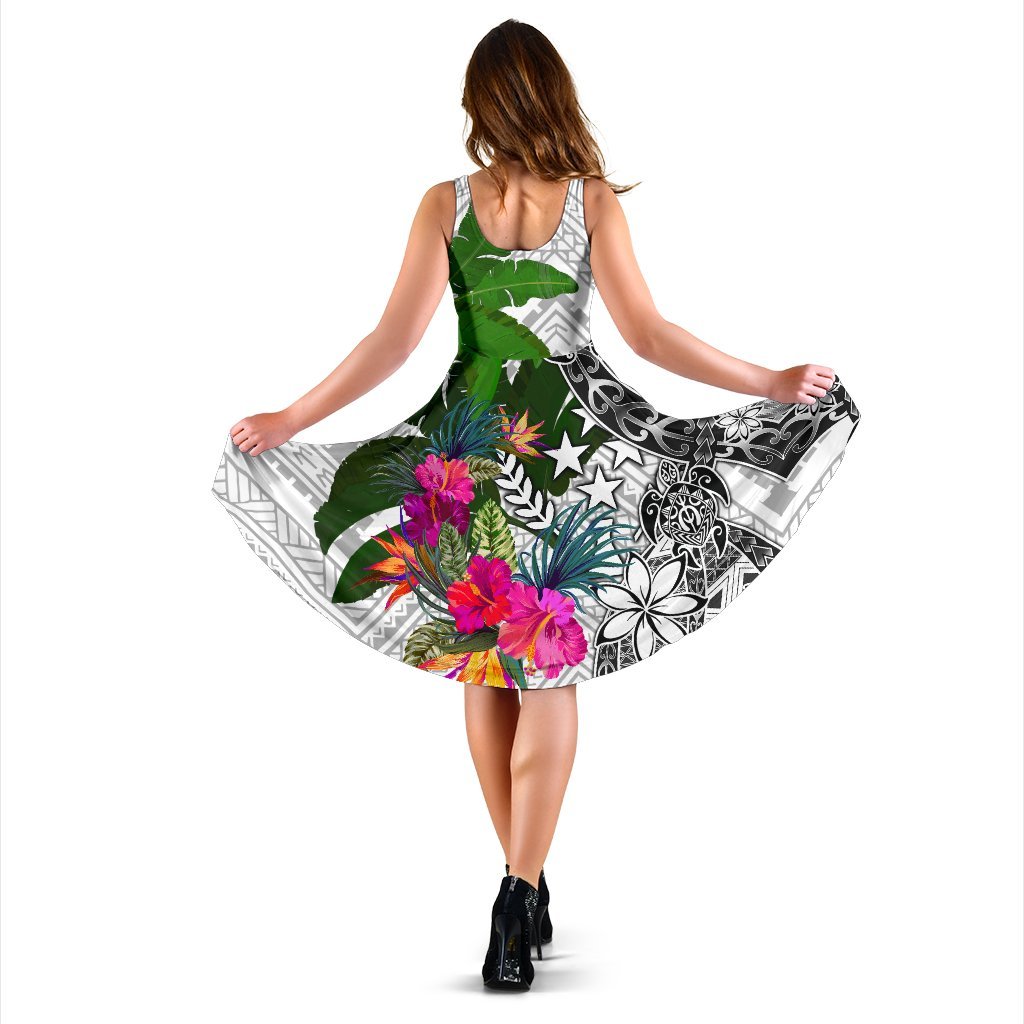 Kosrae Midi Dress White - Turtle Plumeria Banana Leaf - Polynesian Pride