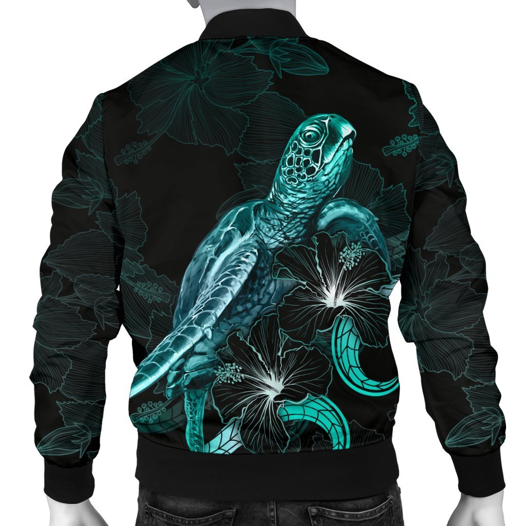 Vanuatu Polynesian Men's Bomber Jacket - Turtle With Blooming Hibiscus Turquoise - Polynesian Pride