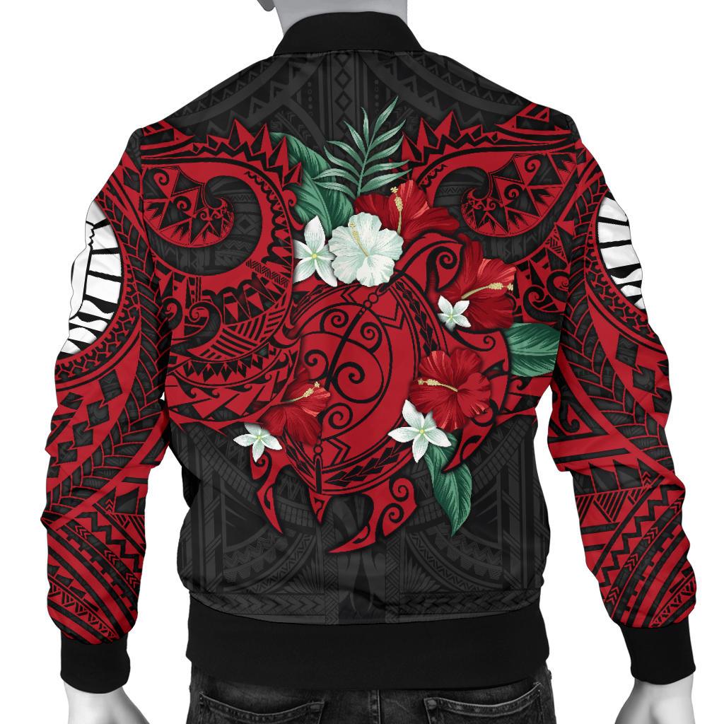 Tahiti Polynesian Men's Bomber Jacket - Hibiscus and Sea Turtle (Red) - Polynesian Pride
