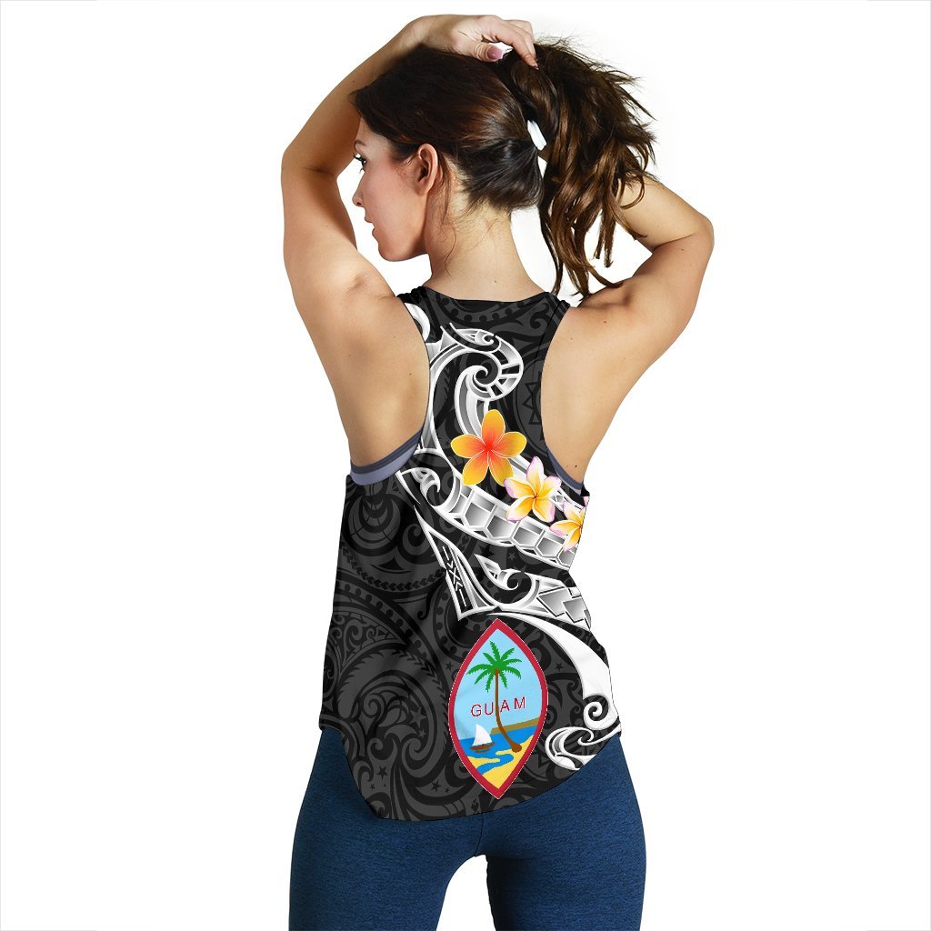 Guam Personalised Women's Racerback Tank - Guam Seal Polynesian Patterns Plumeria (Black) - Polynesian Pride