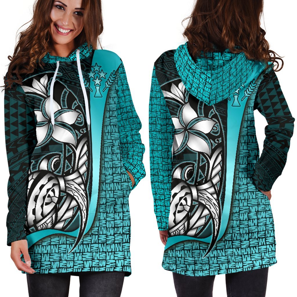Kosrae Micronesian Women's Hoodie Dress Turquoise - Turtle With Hook - Polynesian Pride