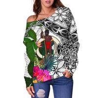 Vanuatu Custom Personalised Women's Off Shoulder Sweater White - Turtle Plumeria Banana Leaf - Polynesian Pride