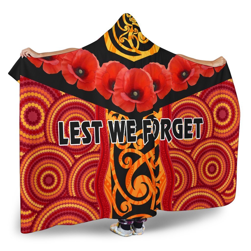 Anzac Lest We Forget Poppy Hooded Blanket New Zealand Maori Silver Fern - Australia Aboriginal - Polynesian Pride