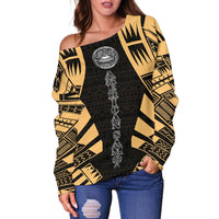 American Samoa Women's Off Shoulder Sweater - Polynesian Tattoo Gold - Polynesian Pride