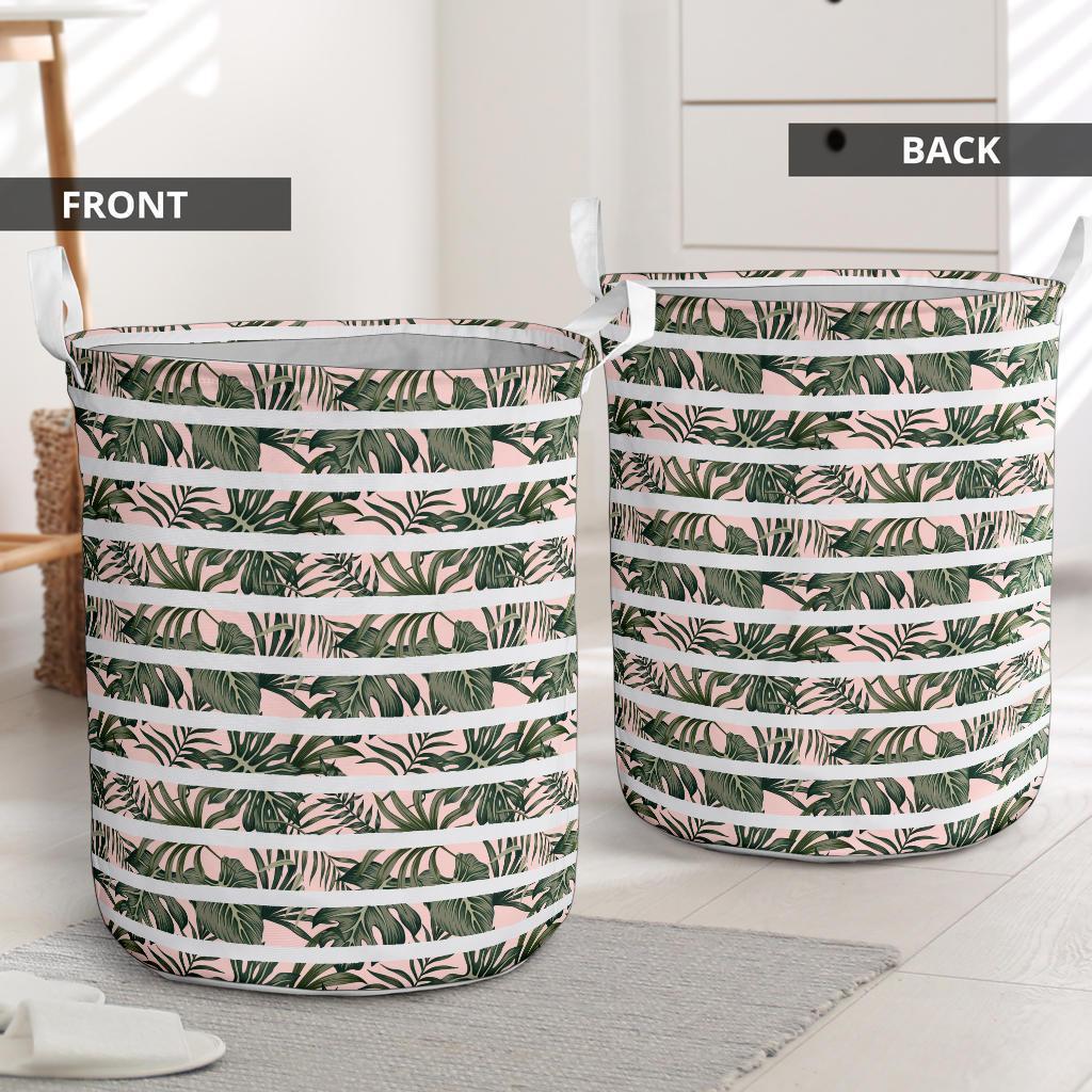 Hawaii Tropical Dark Green Leaves Seamless Pattern White Stripes Pink Background Hawaii Laundry Basket - Polynesian Pride