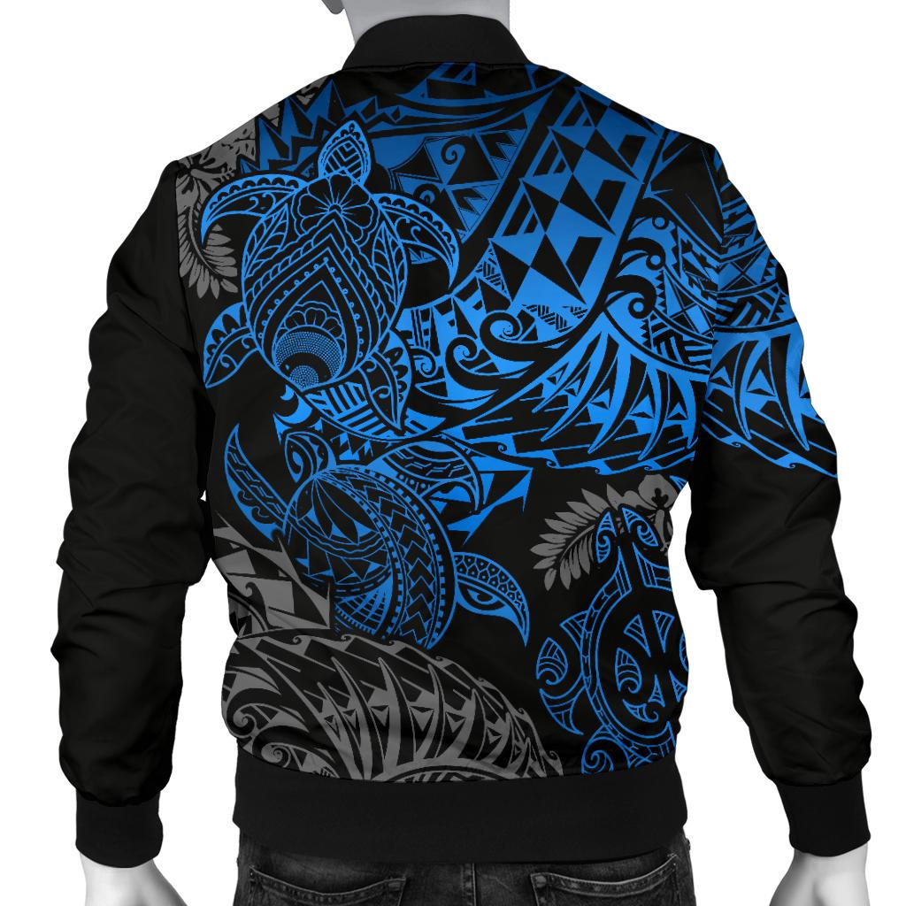 Tonga Polynesian Bomber Jacket (Men) - Blue Turtle Flowing - Polynesian Pride